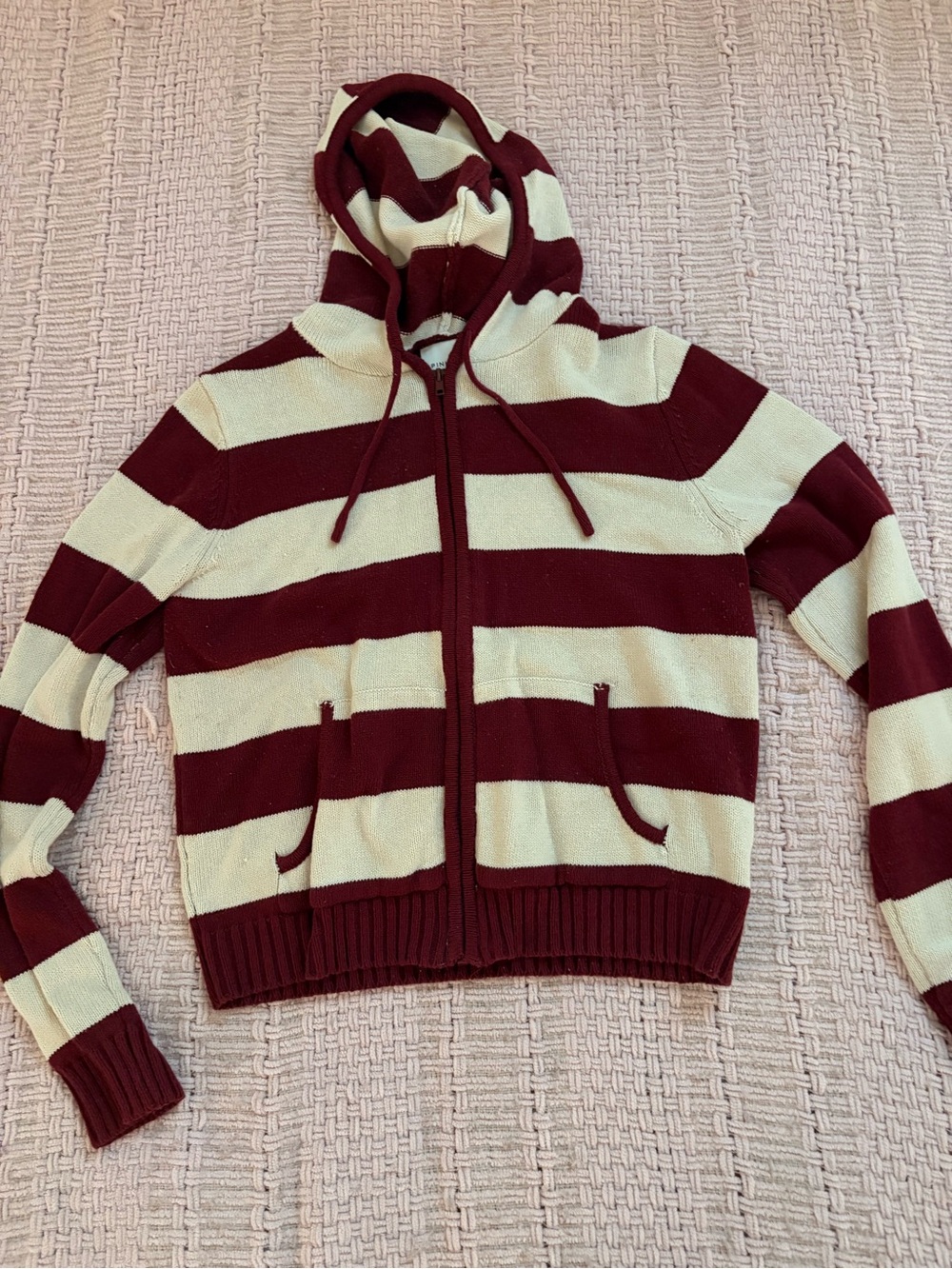 Red and white striped hooded zip up